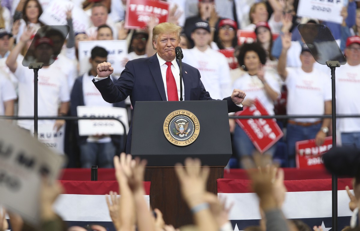 epa07972853 US President Donald J. Trump speaks during a rally at Rupp Arena in Lexington, Kentucky, USA, 04 November 2019. Trump was campaigning for Kentucky Governor Matt Bevin's re-election. E ...