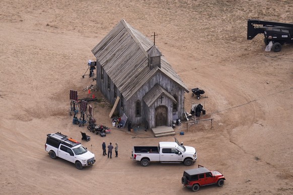 FILE - This aerial photo shows the movie set of &quot;Rust&quot; at Bonanza Creek Ranch in Santa Fe, N.M., on Oct. 23, 2021. Prosecutors have dropped the possibility of a sentence enhancement that cou ...