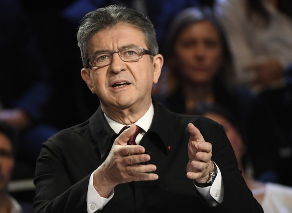 Far-left presidential candidate for the presidential election Jean-Luc Melenchon attends a television debate at French private TV channels BFM TV and CNews, in La Plaine-Saint-Denis, outside Paris, Fr ...
