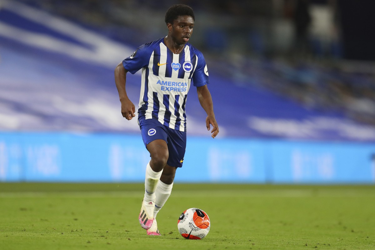 Brighton's Tariq Lamptey in action during the English Premier League soccer match between Brighton and Manchester City at the Falmer stadium in Brighton, England, Saturday, July 11, 2020. (Cath I ...