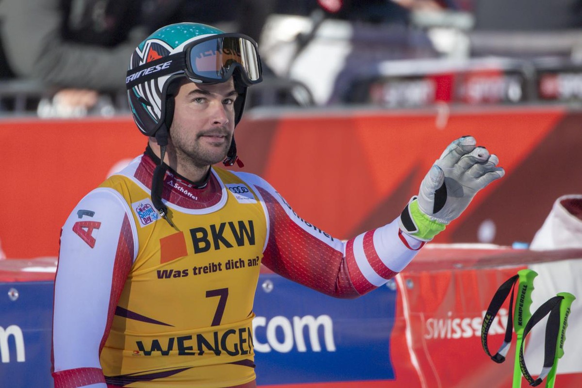 Austria's Vincent Kriechmayr in the finish area during the men's Downhill race at the FIS Alpine Skiing World Cup in Wengen, Switzerland, on Friday, January 14, 2022. (KEYSTONE/Peter Schneid ...