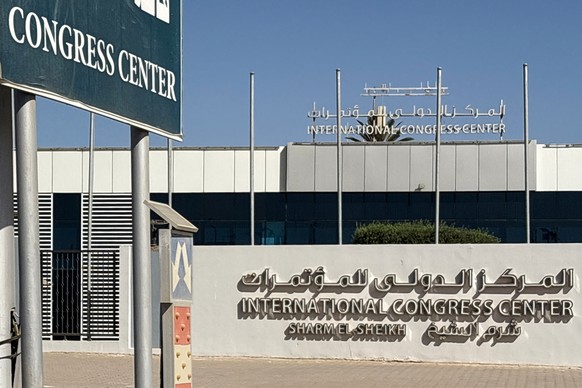 Exterior view of the International Congress Center at the Red Sea city of Sharm el-Sheikh, Egypt, Thursday, Oct. 9, 2025, where Israeli and Hamas officials are set to hold indirect talks. (AP Photo)
E ...