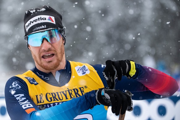 Dario Cologna of Switzerland reacts in the finish area after the men�s 15 km classic race at the FIS Tour de Ski in Lenzerheide, Switzerland, on Wednesday, 29 December 2021. (KEYSTONE/Peter Schneider)