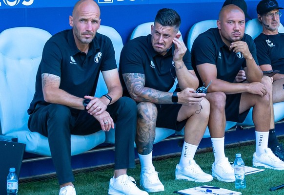 Lausanne, Switzerland, August 10th 2025: Mitchell van der Gaag FC Zurich, Dennis Hediger FC Zurich and Johan Vonlanthen FC Zurich during the Brack Super League game between Lausanne and FC Zurich at S ...