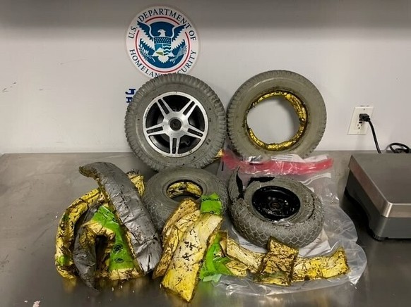 This photo, provided by U.S. Customs and Border Protection, shows cocaine seized by customs officers from a traveler who smuggled the drugs in the wheels of her wheelchair at Kennedy in New York…