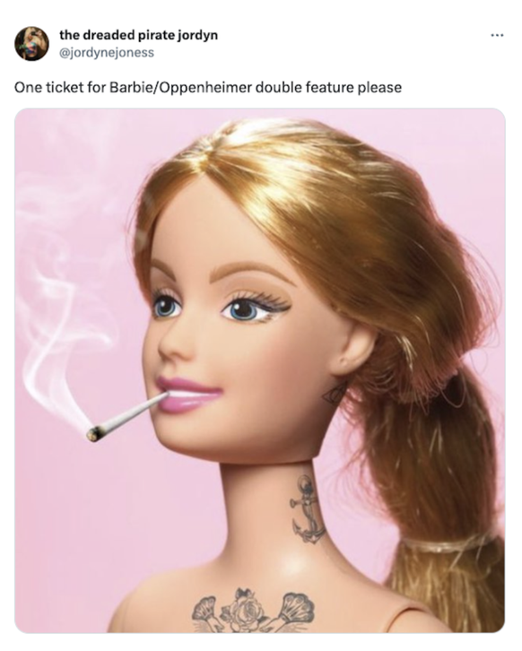 barbie meme oppenheimer barbenheimer

https://twitter.com/jordynejoness/status/1676759541201993728?s=20