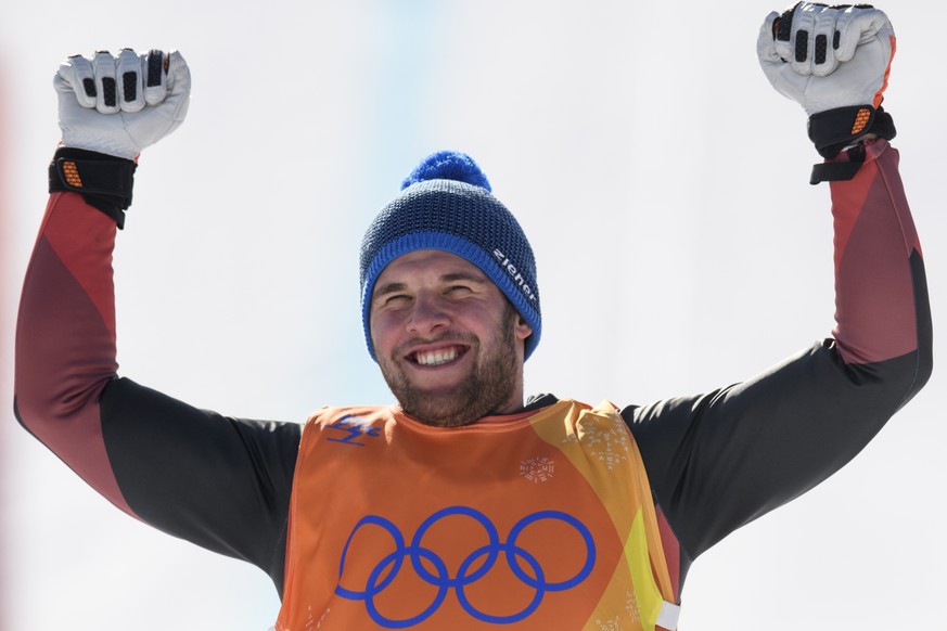 Silver medalist Marc Bischofberger of Switzerland celebrates during the Men Freestyle Skiing Ski Cross X final in the Phoenix Snow Park during the XXIII Winter Olympics 2018 in Pyeongchang, South Kore ...