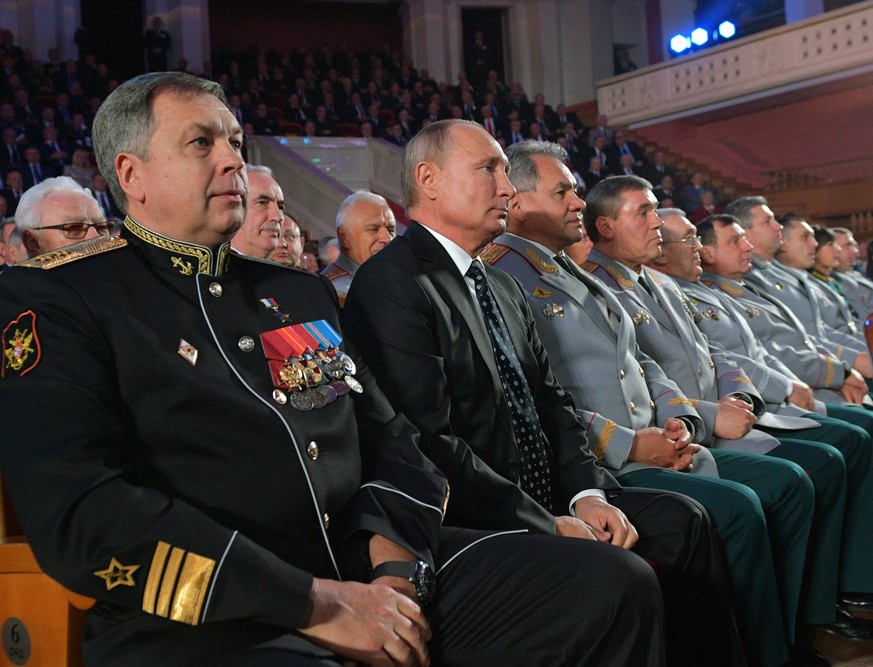 In this photo taken on Friday, Nov. 2, 2018, from the left: Deputy GRU chief, Vice Adm. Igor Kostyukov, Russian President Vladimir Putin, Defense Minister Sergei Shoigu, and Head of the General Staff  ...