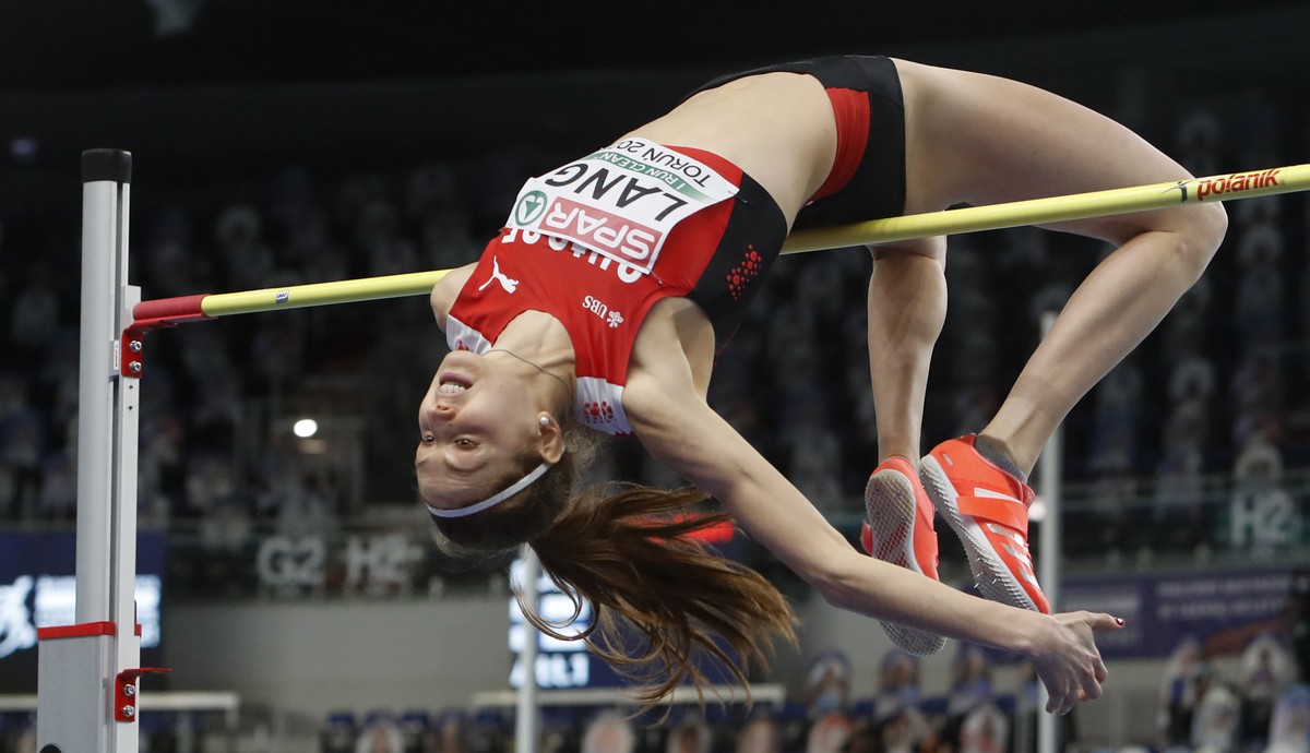 Switzerland's Salome Lang competes during the women's high jump qualification at the Poland European Indoor Athletics Championships in Torun, Poland, Friday, March 5, 2021. (AP Photo/Darko V ...