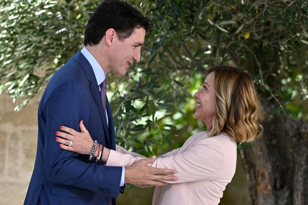 FASANO, ITALY - JUNE 13: Canadian Prime Minister Justin Trudeau is greeted by Italian Prime Minister Giorgia Meloni during a welcome ceremony on day one of the 50th G7 summit at Borgo Egnazia on June  ...