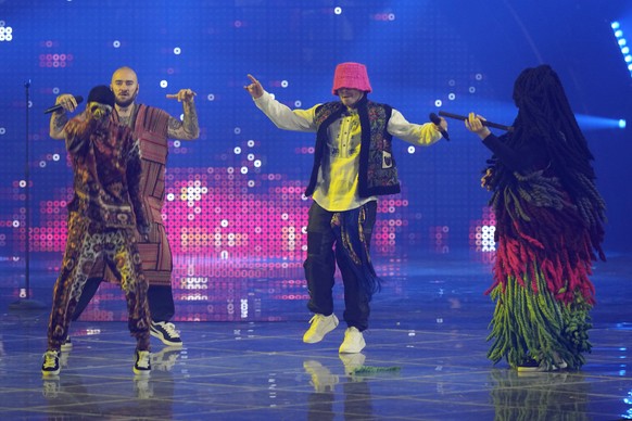 Kalush Orchestra from Ukraine singing &#039;Stefania&#039; performs during the final dress rehearsal at the Eurovision Song Contest in Turin, Italy, Friday, May 13, 2022. (AP Photo/Luca Bruno)