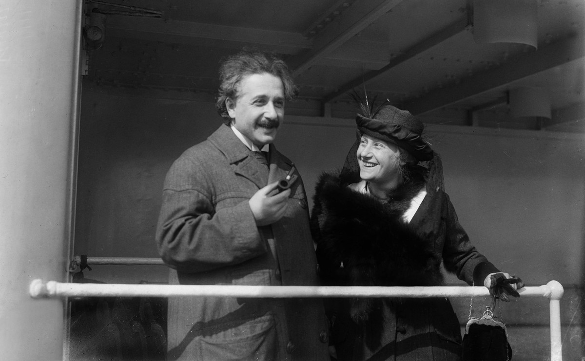 Albert Einstein (1879-1955) with his 2nd wife Elsa Lowenthal Einstein aboard a ship in April 1921. (Photo by APIC/Getty Images)