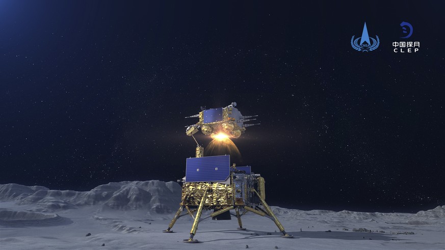 In this China National Space Administration (CNSA) photo released by Xinhua News Agency, a simulated image of the ascender of Chang&#039;e-5 spacecraft blasting off from the lunar surface at the Beiji ...