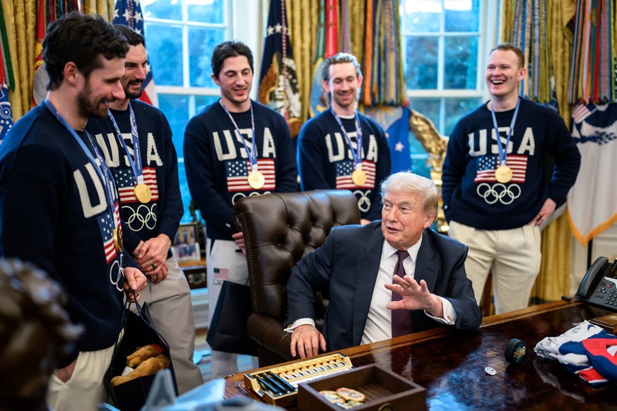 The U.S. Olympic Mens Hockey Team visit President Donald Trump at the White House, Tuesday, February 24, 2026. The U.S. Olympic Mens Hockey Team visit President Donald Trump in the Oval Office, Tuesda ...