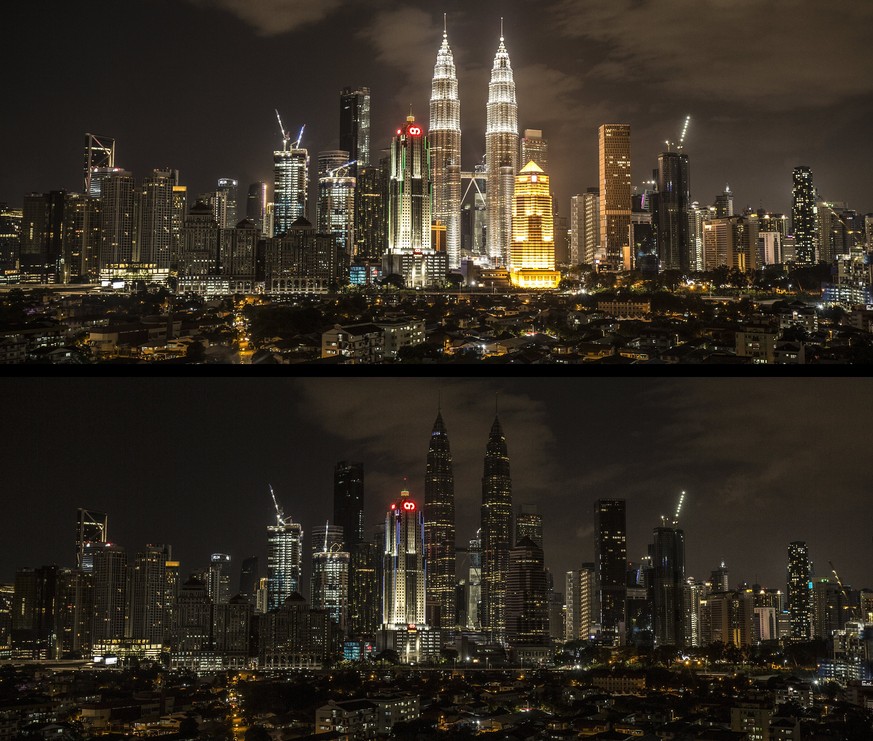 Kuala Lumpur (Malaysia) normal beleuchtet (oben) und während der Earth Hour (unten).