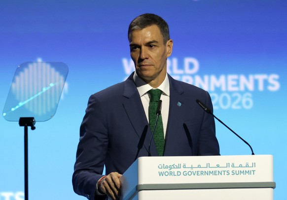 epa12701833 Spain's Prime Minister Pedro Sanchez gives his speech during a session at the World Governments Summit 2026 in Dubai, United Arab Emirates, 03 February 2026. The World Governments Sum ...