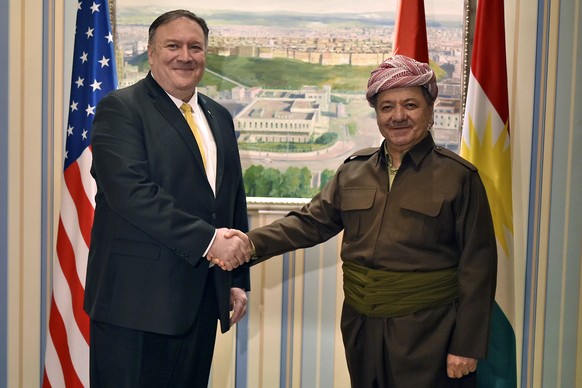 Secretary of State Mike Pompeo, left, meets with Massud Barzani leader of the Kurdistan Democratic Party (KDP) in the province&#039;s capital, during a Middle East tour, Wednesday, Jan. 9, 2019 in Erb ...