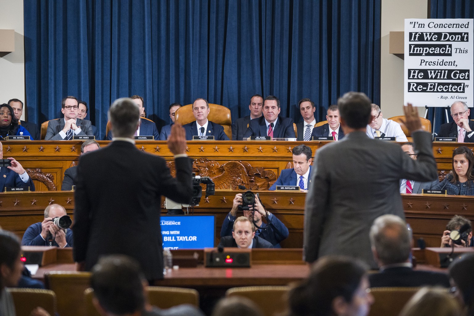 epaselect epa07993263 Charge d&#039;Affaires at the US embassy in Ukraine Bill Taylor (L) and Deputy Assistant Secretary of State for Europe and Eurasia George Kent (R) are sworn in to testify before  ...