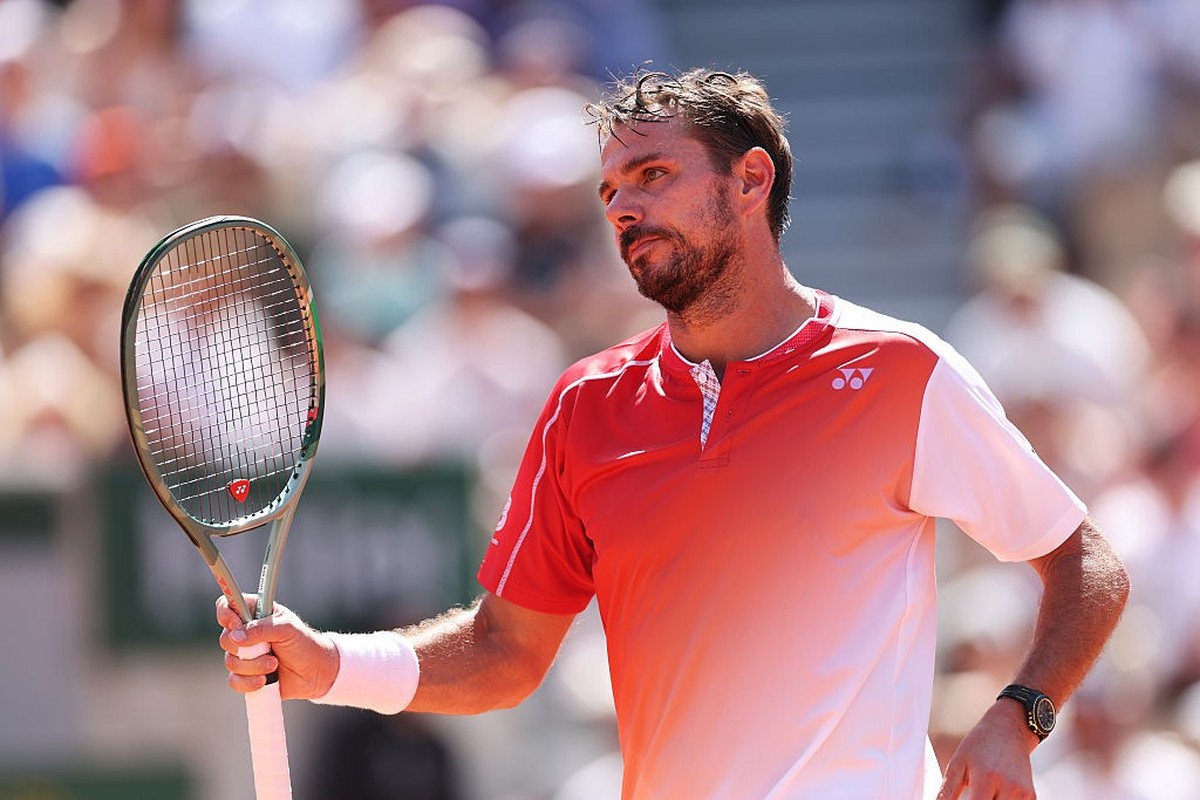 PARIS, FRANCE - MAY 25: Stan Wawrinka of Switzerland reacts during his Men's Singles first round match against Jesper De Jong of Netherlands on Day Two of the 2026 French Open at Roland Garros on ...