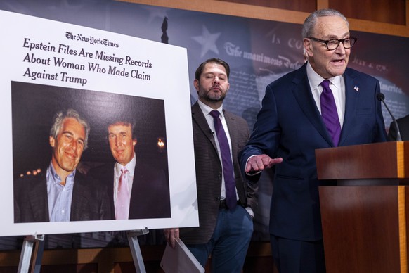 epa12778834 US Senate Minority Leader Chuck Schumer (R) delivers remarks during a press conference on the ongoing Senate oversight efforts on the Epstein files at the US Capitol in Washington, DC, USA ...