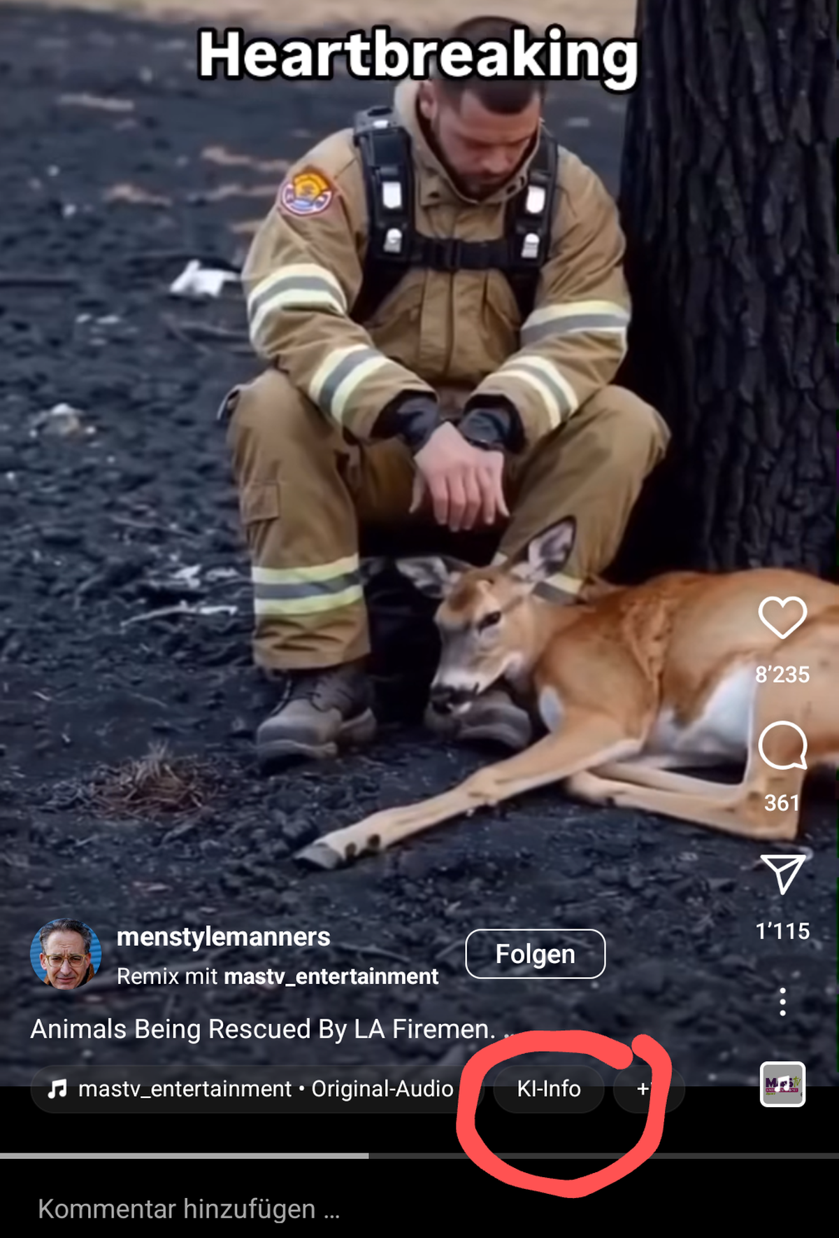 Einige User nutzen Instagrams Kennzeichnungsfunktion, um das Video als KI-generiert auszuweisen.