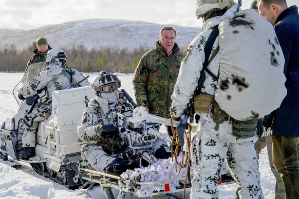 epa11204204 German Defense Minister Boris Pistorius greets soldiers in Alta in connection with the Nordic Response military exercise, in Alta, Norway, 07 March 2024. Over 20,000 Norwegian and allied s ...