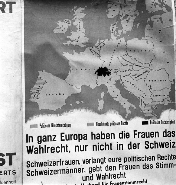 Plakat fuer eine vom Schweizerischen Verband fuer Frauenstimmrecht im Juni 1950 organisierte Matinée in Zuerich. (KEYSTONE/PHOTOPRESS-ARCHIV/Str)