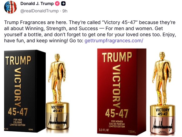 «Holt euch eine Flasche und vergesst nicht, auch euren Lieben eine zu besorgen», schreibt Donald Trump auf Truth Social. Eine Flasche «Victory 45-47» kostet 249 Dollar.