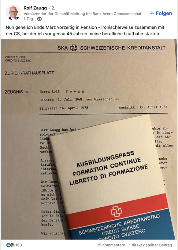 Zaugg verfasste im Hinblick auf seine bevorstehende Pension diesen Post auf LinkedIn.