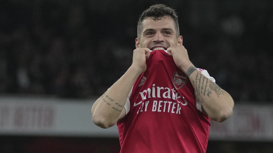 Arsenal&#039;s Granit Xhaka reacts after missing a chance to score during the English Premier League soccer match between Arsenal and Chelsea at the Emirates Stadium in London, Tuesday, May 2, 2023. ( ...