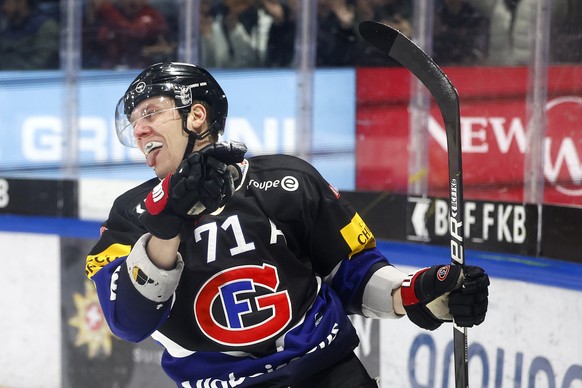 Gotterons Killian Mottet jubelt nach seinem Tor zum 3-0, im Eishockey Meisterschaftsspiel der National League zwischen dem HC Fribourg Gotteron und SCL Tigers, am Samstag, 4. Maerz 2023 in der BCF Are ...
