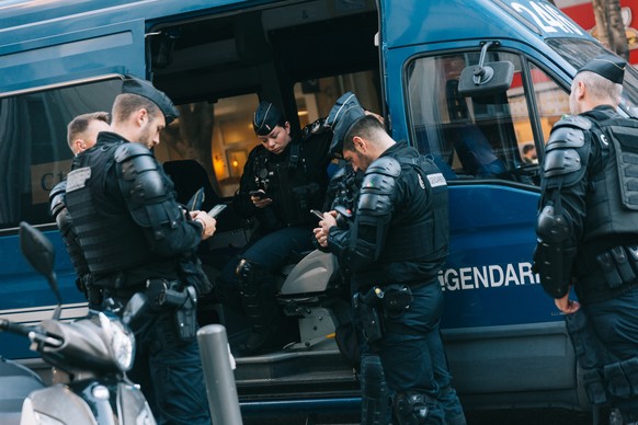epa10722929 Police are deployed in front of the police station of Noailles, in Marseille, France, 02 July 2023. Police were deployed following the violence that broke out all over France after police  ...