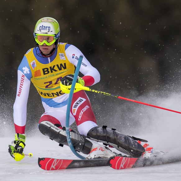 Ramon Zenhaeusern of Switzerland, in action during the first run of the men&#039;s slalom race at the Alpine Skiing FIS Ski World Cup in Wengen, Switzerland, Sunday, January 14, 2018. (KEYSTONE/Jean-C ...