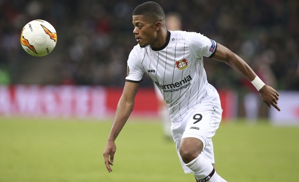 Leverkusen&#039;s Leon Bailey tries to control the ball during the Europa League round of 32 soccer match between Krasnodar and Leverkusen at the Krasnodar Stadium in Krasnodar, Russia, Thursday, Feb. ...