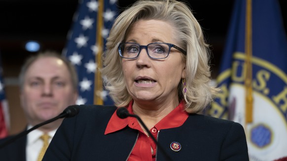 FILE - In this Feb. 13, 2019 file photo, House Republican Conference chair Rep. Liz Cheney, R-Wyo., with House Minority Whip Steve Scalise, R-La., at right, talks to reporters during a news conference ...