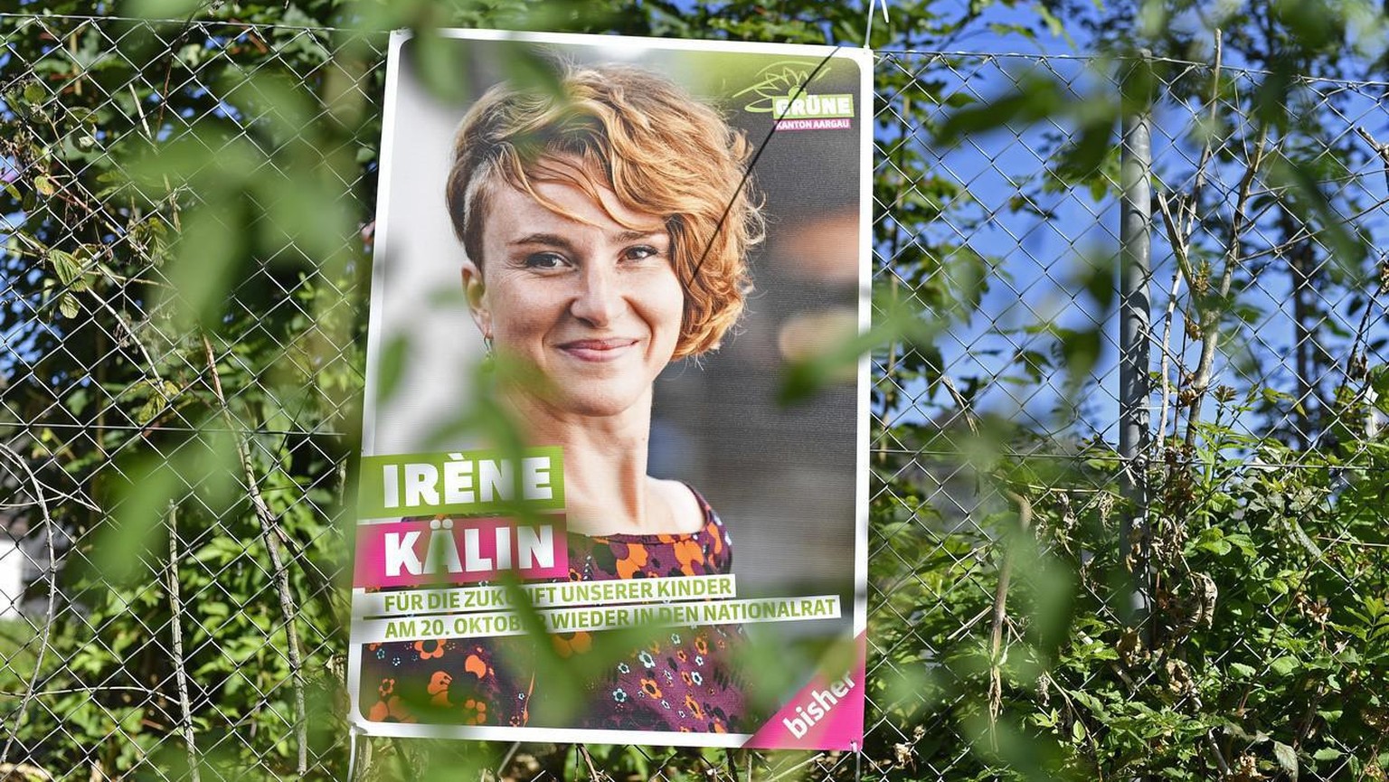 Nationalraetin Irene Kaelin auf einem Wahlplakat zu den kommenden eidgenoessischen Wahlen vom 20. Oktober in Baden am Freitag, 20. September 2019. (KEYSTONE/Walter Bieri) .