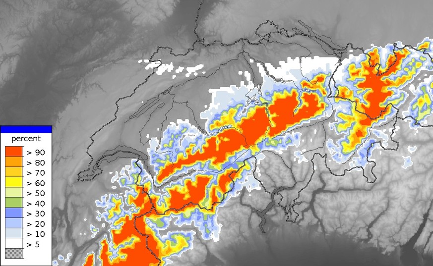 Wetter Schweiz Schneeprognose 10.01.25: Wahrscheinlichkeit, dass zwischen Freitag 01 Uhr bis Samstag 07 Uhr 10 cm Schnee fällt. In den Voralpen und nördlichen Alpen fällt viel Schnee, im Berner Mittel ...