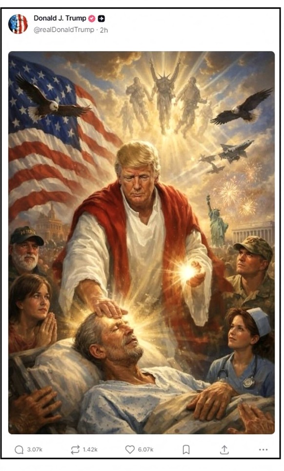 After strongly criticizing the Pope, Donald Trump posted a photo of himself portraying Jesus Christ, before deleting it, on April 13, 2026 Trumps Truth Social platform via Bestimage After strongly cri ...
