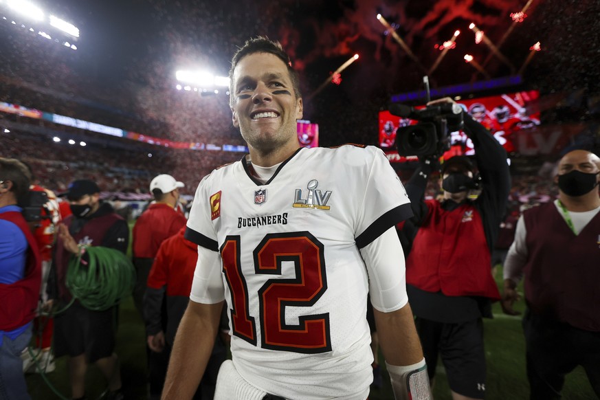 Tampa Bay Buccaneers quarterback Tom Brady (12) celebrates following the NFL Super Bowl 55 football game against the Kansas City Chiefs, Sunday, Feb. 7, 2021 in Tampa, Fla. Tampa Bay won 31-9. (Ben Li ...