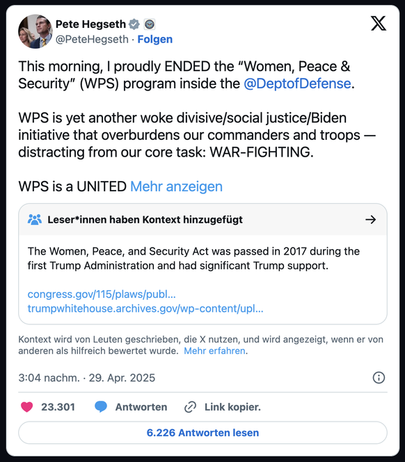 Tweet von Pete Hegseth zu Trump-Gleichstellungsgesetz