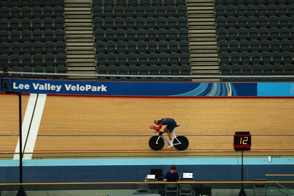 LONDON, ENGLAND - JUNE 02: Sir Bradley Wiggins of Great Britain trains at the Lee Valley Velopark ahead of his UCI Hour Record Attempt on June 2, 2015 in London, England. (Photo by Bryn Lennon/Getty I ...