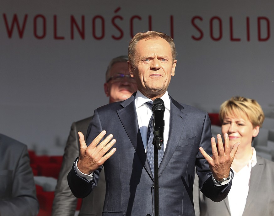 European Council President Donald Tusk attends a rally during celebrations marking the 30th anniversary of the first free democratic parliamentary election in Poland in Gdansk, Poland, Tuesday, June 4 ...