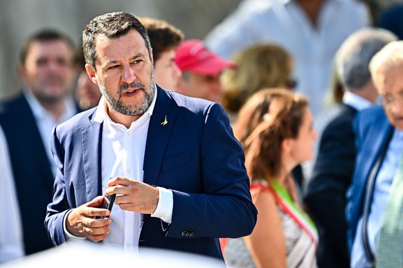 epa10120277 Italian Senator and leader of Lega party Matteo Salvini attends a public ceremony on the fourth anniversary of the Morandi Bridge collapse, in Genoa, Italy, 14 August 2022. On 14 August 20 ...