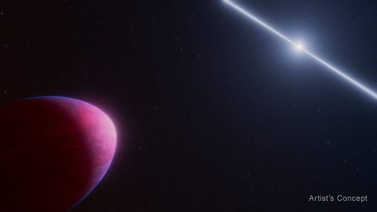 This artist’s concept shows what the exoplanet called PSR J2322-2650b (left) may look like as it orbits a rapidly spinning neutron star called a pulsar (right). Gravitational forces from the much heav ...