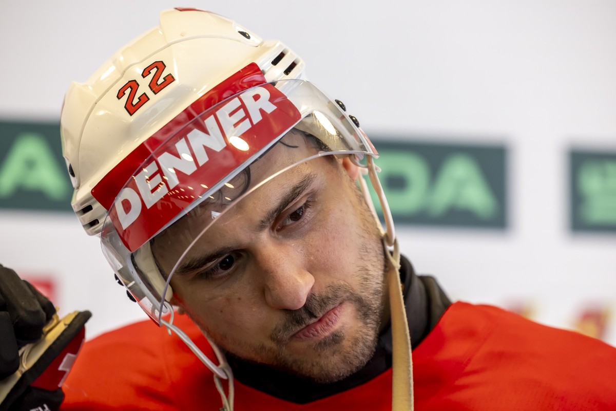 Switzerland's forward Nino Niederreiter speaks with to media in the mixed zone, after a Switzerland training session one day before the IIHF 2025 World Championship quarter final game against Aus ...