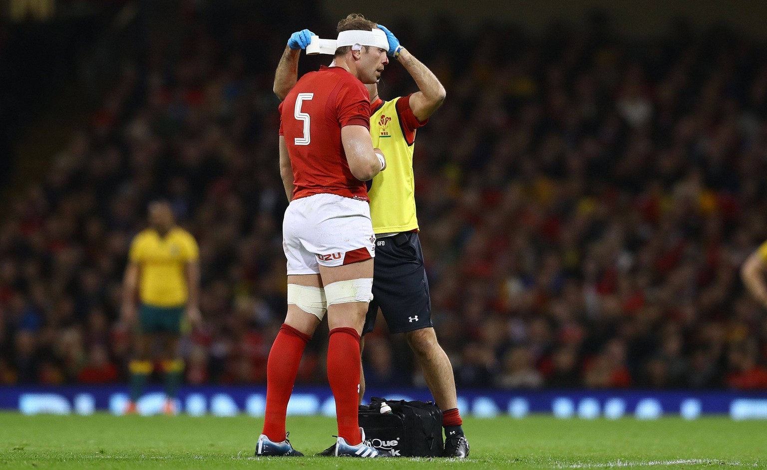 Mandatory Credit: Photo by Kieran McManus/BPI/Shutterstock 9973169i Alun Wyn Jones of Wales gets patched up by a medic after suffering a head injury Wales v Australia, Under Armour Series, Rugby Union ...