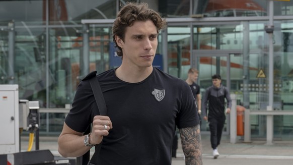 Basel&#039;s Riccardo Calafiori, left, and Mirko Salvi, right, upon their departure the day before the UEFA Conference League semifinal first leg match between Italy&#039;s ACF Fiorentina and Switzerl ...