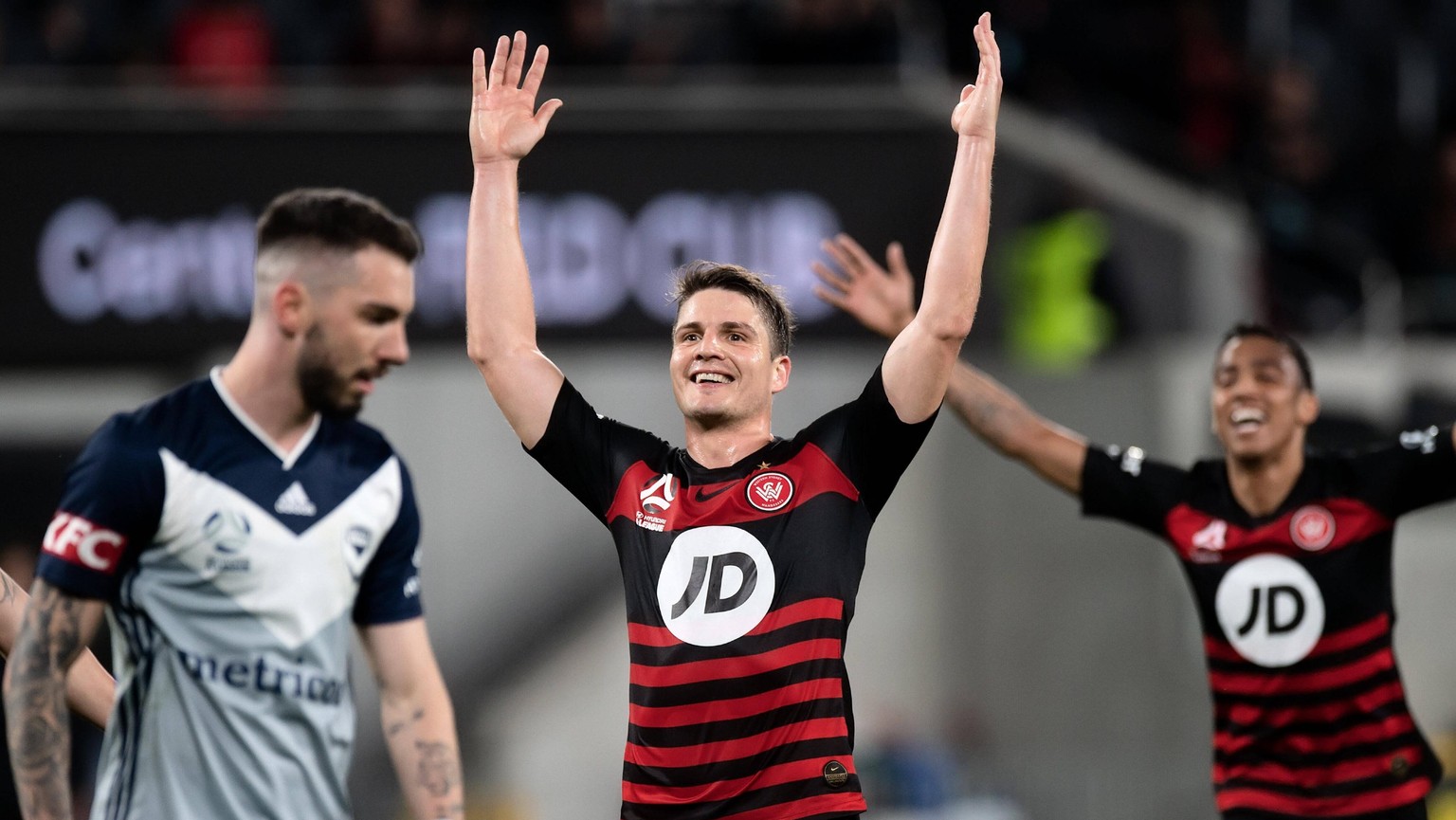 August 12, 2020, Sydney, NSW, USA: SYDNEY, AUSTRALIA - AUGUST 12: Western Sydney Wanderers midfielder Pirmin Schwegler 19 celebrates his goal during the round 27 A-League soccer match between Western  ...