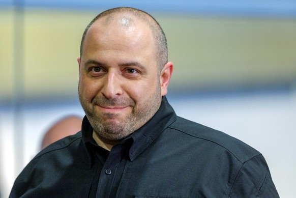 epa12155463 Ukrainian Defense Minister Rustem Umerov smiles as he attends a press conference following a meeting of the Ukraine Defense Contact Group ahead of a North Atlantic Treaty Organization (NAT ...