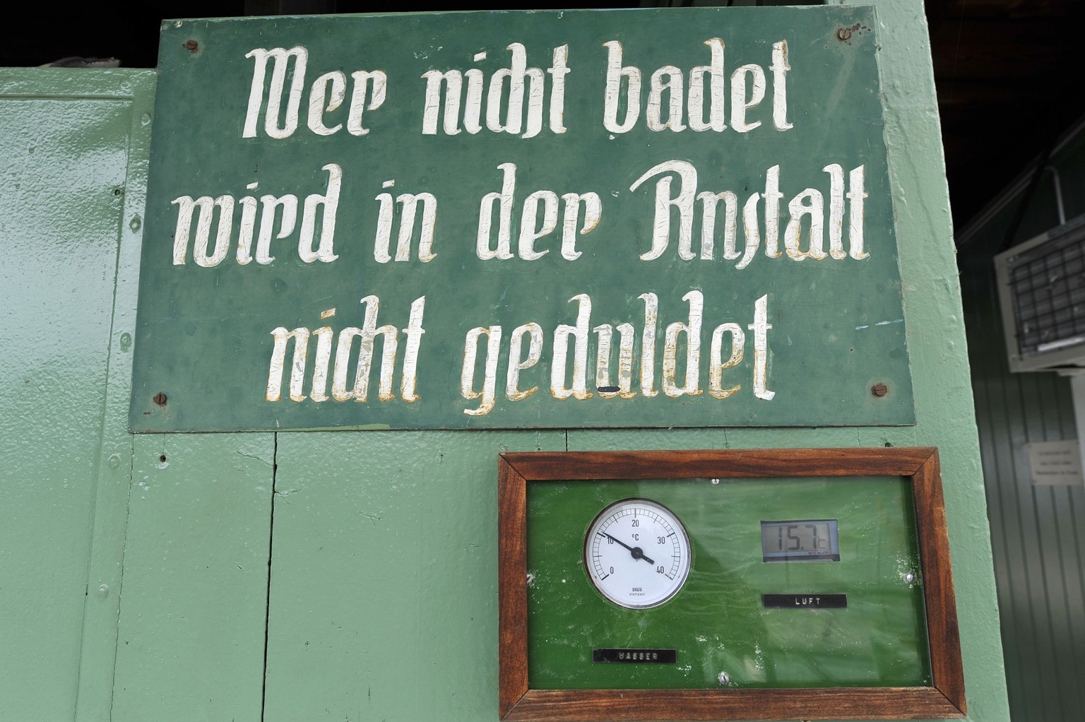 Sign-board at the outdoor river pool "St.Johann" on the shores of the river Rhine, pictured on April 20, 2009 in Basel, Switzerland. The sign reads: People who don't swim will not be to ...